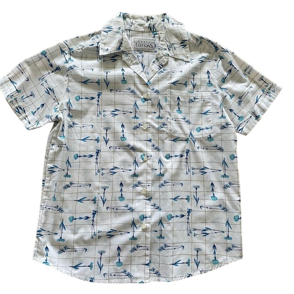 VTG 90s Basic Editions Button Blouse Blue Flowers size Small